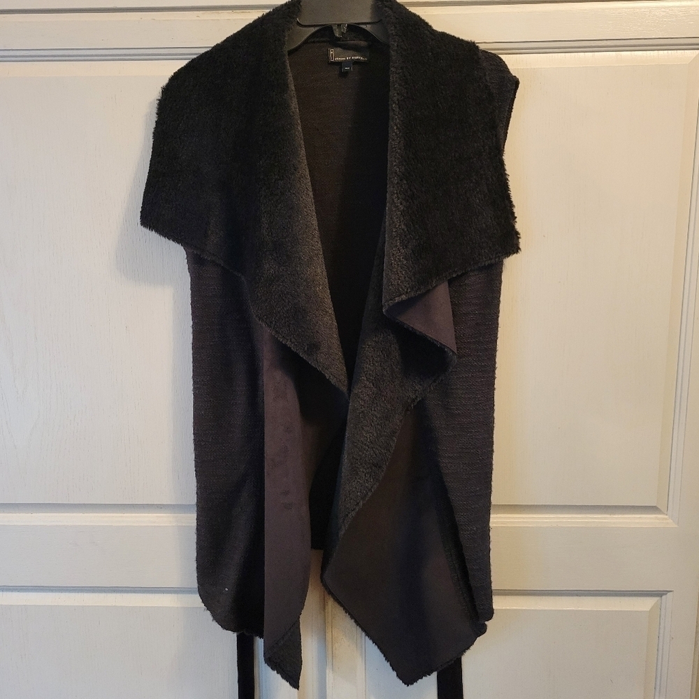 I Jeans by Buffalo Faux Fur Open Front Cardigan Vest with Tie Sash Belt - Picture 2 of 6